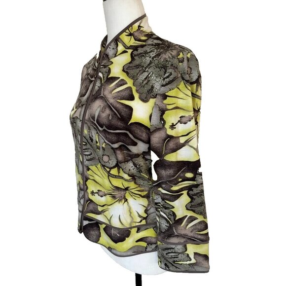 JOSEPH RIBKOFF Full Zip Up Jacket Top Size 10 Gray Yellow Floral 3/4 Sleeve - Picture 5 of 6